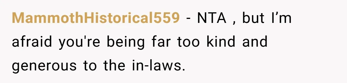 MammothHistorical559 − NTA , but I’m afraid you're being far too kind and generous to the in-laws.