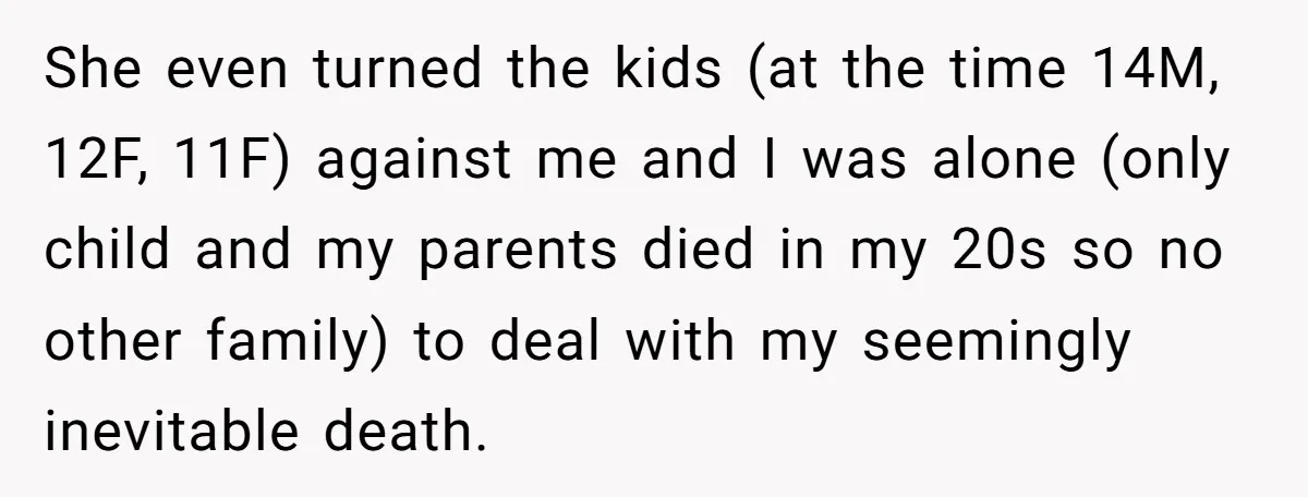 She even turned the kids (at the time 14M, 12F, 11F) against me and I was alone (only child and my parents died in my 20s so no other family)...