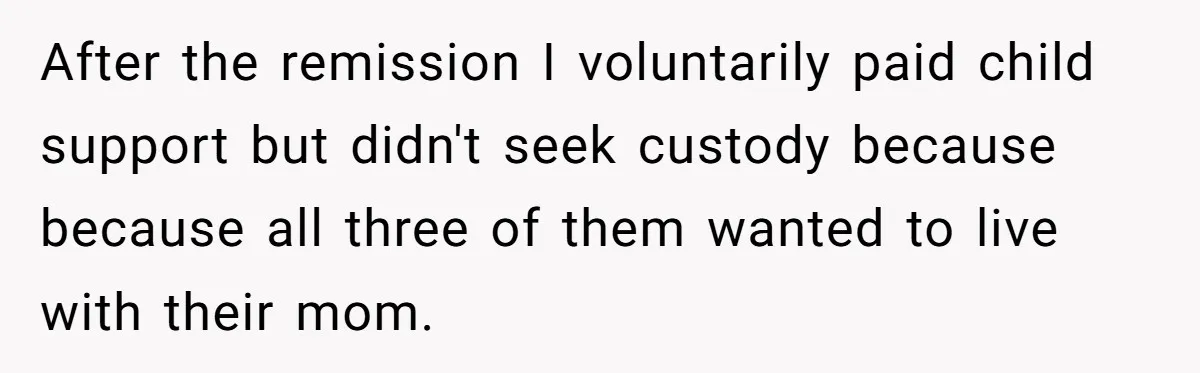 After the remission I voluntarily paid child support but didn't seek custody because because all three of them wanted to live with their mom.