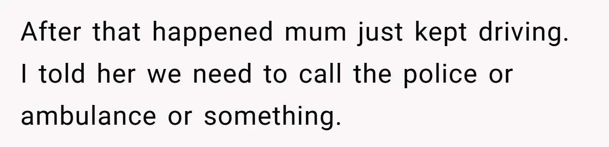 After that happened mum just kept driving. I told her we need to call the police or ambulance or something.