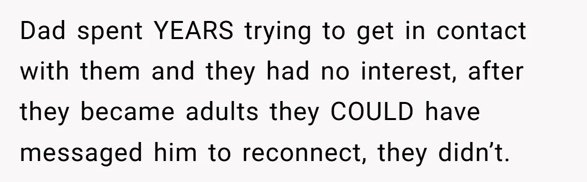 Dad spent YEARS trying to get in contact with them and they had no interest, after they became adults they COULD have messaged him to reconnect, they didn’t.