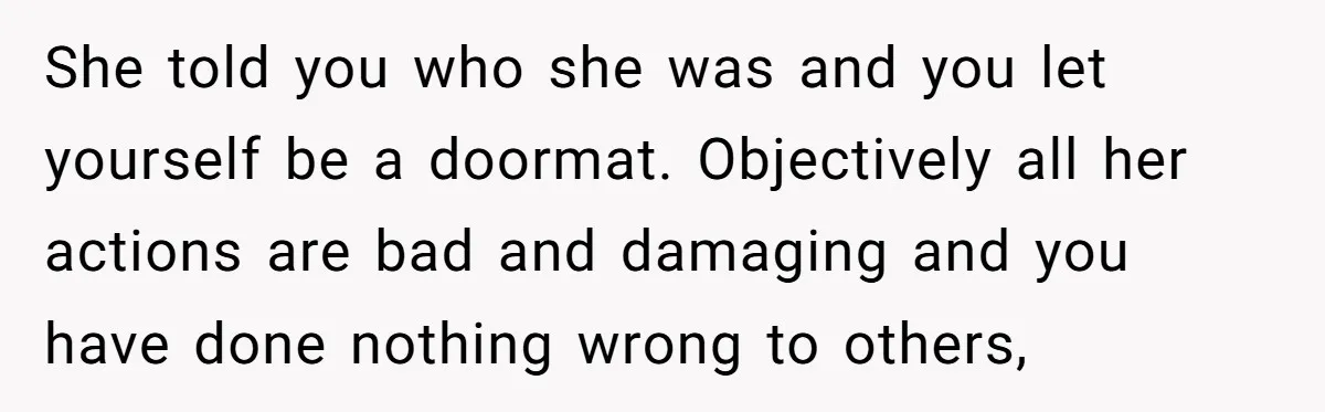 She told you who she was and you let yourself be a doormat. Objectively all her actions are bad and damaging and you have done nothing wrong to others,