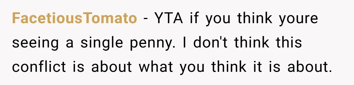 FacetiousTomato − YTA if you think youre seeing a single penny. I don't think this conflict is about what you think it is about.