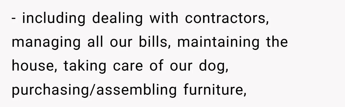 - including dealing with contractors, managing all our bills, maintaining the house, taking care of our dog, purchasing/assembling furniture,