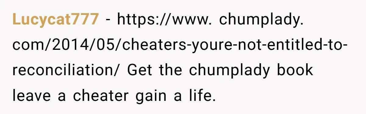 Lucycat777 − https://www. chumplady. com/2014/05/cheaters-youre-not-entitled-to-reconciliation/ Get the chumplady book leave a cheater gain a life.