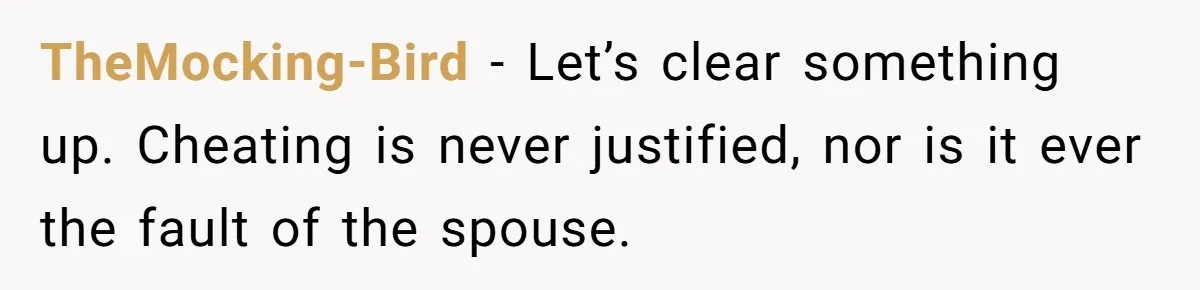 TheMocking-Bird − Let’s clear something up. Cheating is never justified, nor is it ever the fault of the spouse.