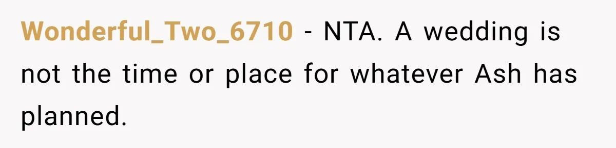 Wonderful_Two_6710 − NTA. A wedding is not the time or place for whatever Ash has planned.