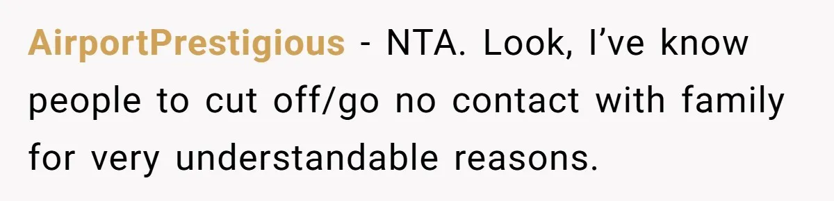 AirportPrestigious − NTA. Look, I’ve know people to cut off/go no contact with family for very understandable reasons.