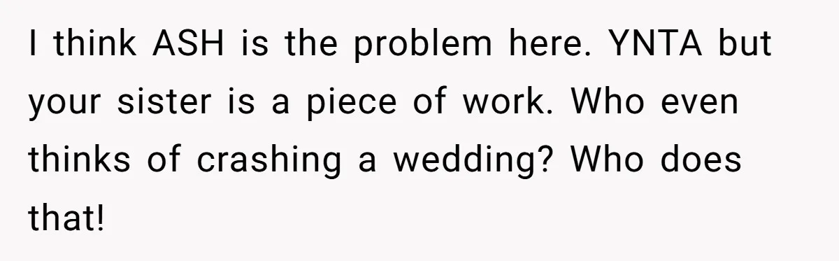 I think ASH is the problem here. YNTA but your sister is a piece of work. Who even thinks of crashing a wedding? Who does that!