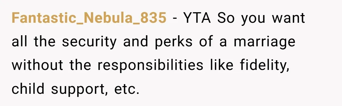 Boyfriend Claps Back At Girlfriend's Family During Heated Backyard Gathering Fantastic_Nebula_835 − YTA So you want all the security and perks of a marriage without the responsibilities like fidelity, child support, etc.