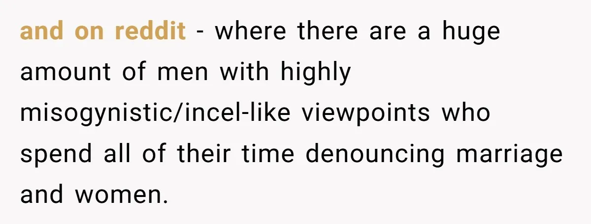 Boyfriend Claps Back At Girlfriend's Family During Heated Backyard Gathering and on reddit - where there are a huge amount of men with highly misogynistic/incel-like viewpoints who spend all of their time denouncing marriage and women.