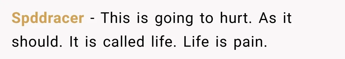 Spddracer − This is going to hurt. As it should. It is called life. Life is pain.