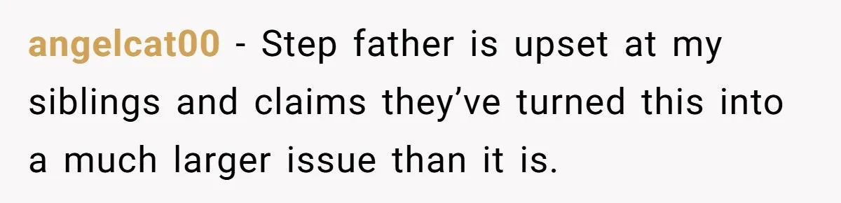 angelcat00 − Step father is upset at my siblings and claims they’ve turned this into a much larger issue than it is.
