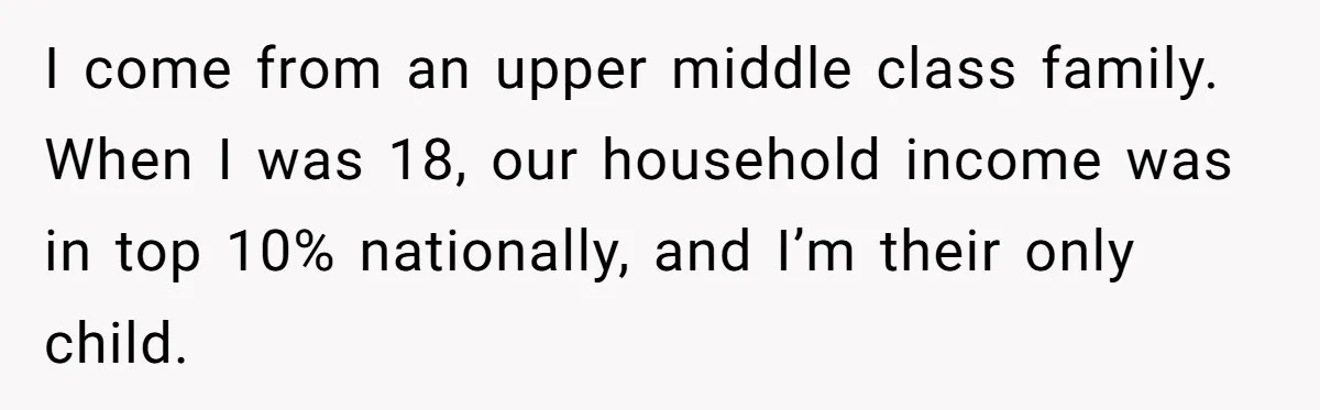 I come from an upper middle class family. When I was 18, our household income was in top 10% nationally, and I’m their only child.