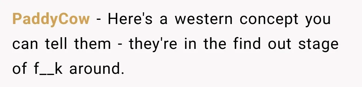 PaddyCow − Here's a western concept you can tell them - they're in the find out stage of f__k around.