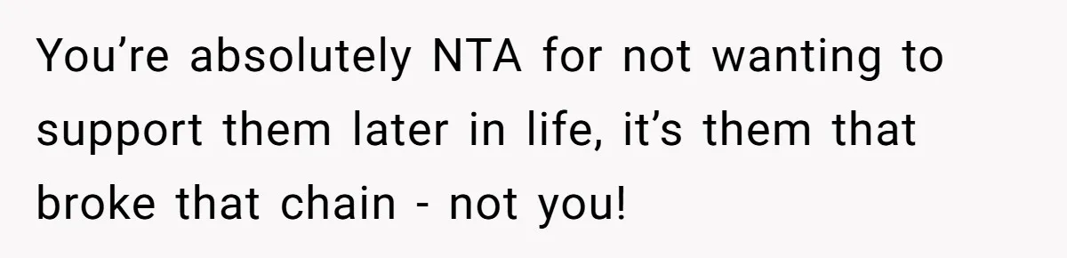 You’re absolutely NTA for not wanting to support them later in life, it’s them that broke that chain - not you!