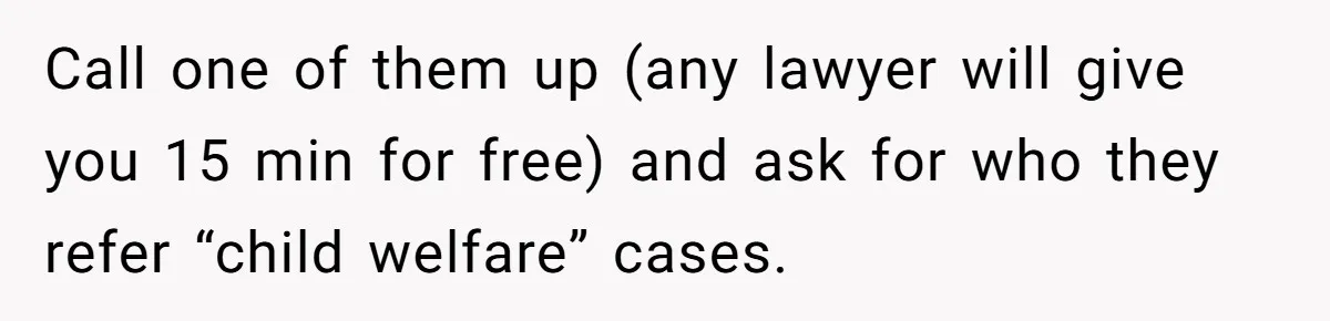 Call one of them up (any lawyer will give you 15 min for free) and ask for who they refer “child welfare” cases.