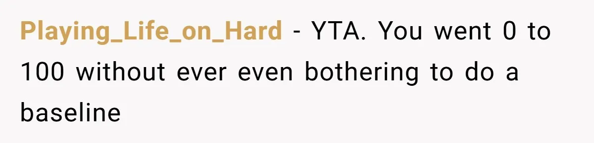 Playing_Life_on_Hard − YTA. You went 0 to 100 without ever even bothering to do a baseline