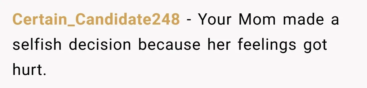 Certain_Candidate248 − Your Mom made a selfish decision because her feelings got hurt.