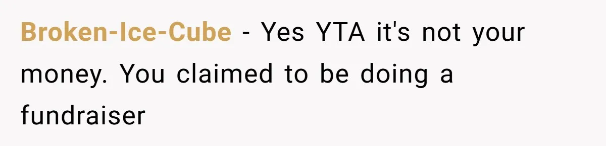 Broken-Ice-Cube − Yes YTA it's not your money. You claimed to be doing a fundraiser