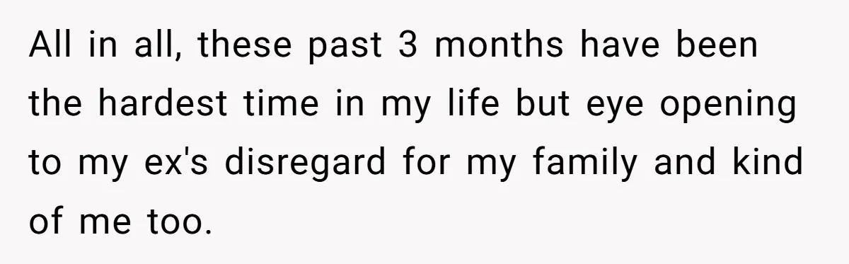 All in all, these past 3 months have been the hardest time in my life but eye opening to my ex's disregard for my family and kind of me too.