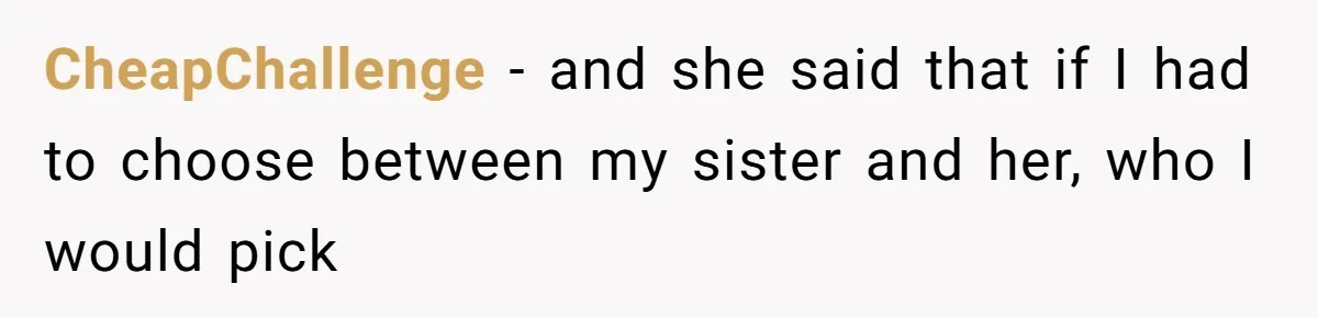 CheapChallenge − and she said that if I had to choose between my sister and her, who I would pick