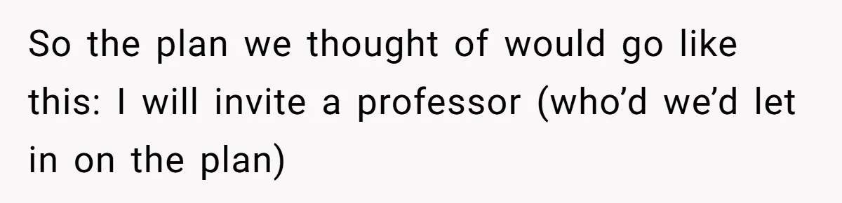 So the plan we thought of would go like this: I will invite a professor (who’d we’d let in on the plan)