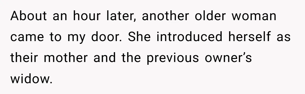 About an hour later, another older woman came to my door. She introduced herself as their mother and the previous owner’s widow.