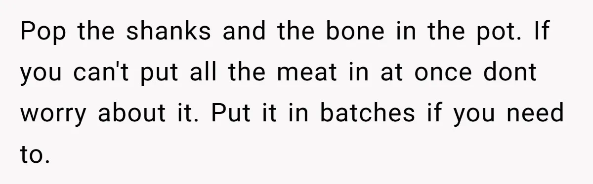 Pop the shanks and the bone in the pot. If you can't put all the meat in at once dont worry about it. Put it in batches if you need...