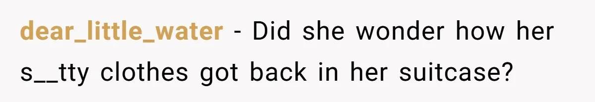 dear_little_water − Did she wonder how her s__tty clothes got back in her suitcase?