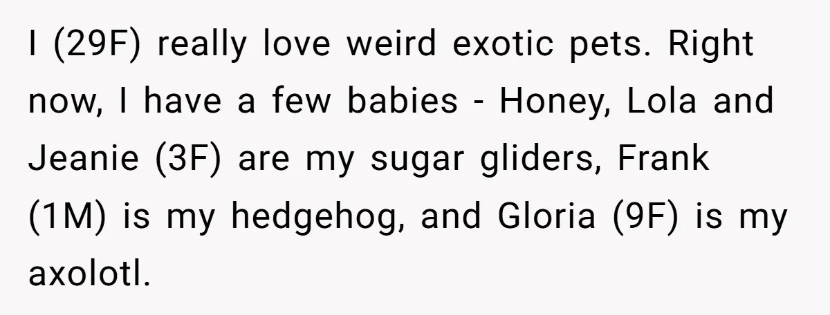 I (29F) really love weird exotic pets. Right now, I have a few babies - Honey, Lola and Jeanie (3F) are my sugar gliders, Frank (1M) is my hedgehog, and...