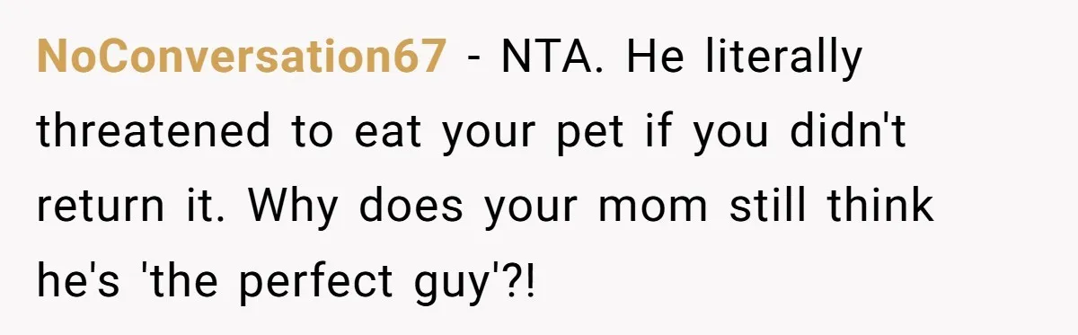 NoConversation67 − NTA. He literally threatened to eat your pet if you didn't return it. Why does your mom still think he's 'the perfect guy'?!
