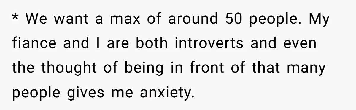 * We want a max of around 50 people. My fiance and I are both introverts and even the thought of being in front of that many people gives me...