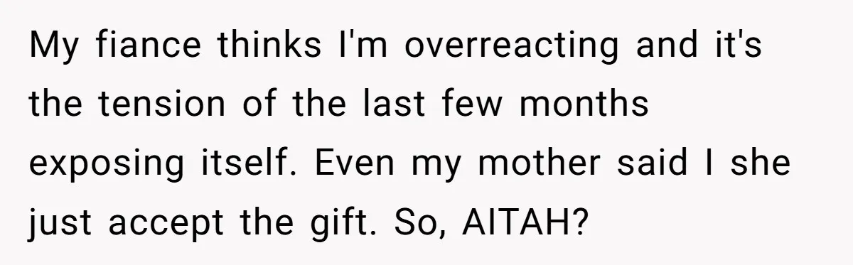 My fiance thinks I'm overreacting and it's the tension of the last few months exposing itself. Even my mother said I she just accept the gift. So, AITAH?