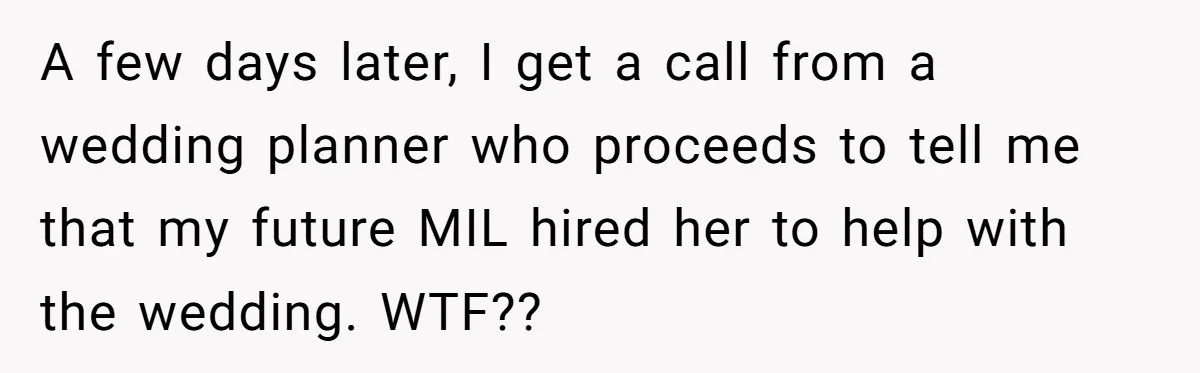 A few days later, I get a call from a wedding planner who proceeds to tell me that my future MIL hired her to help with the wedding. WTF??