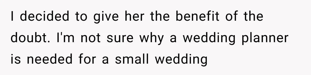 I decided to give her the benefit of the doubt. I'm not sure why a wedding planner is needed for a small wedding