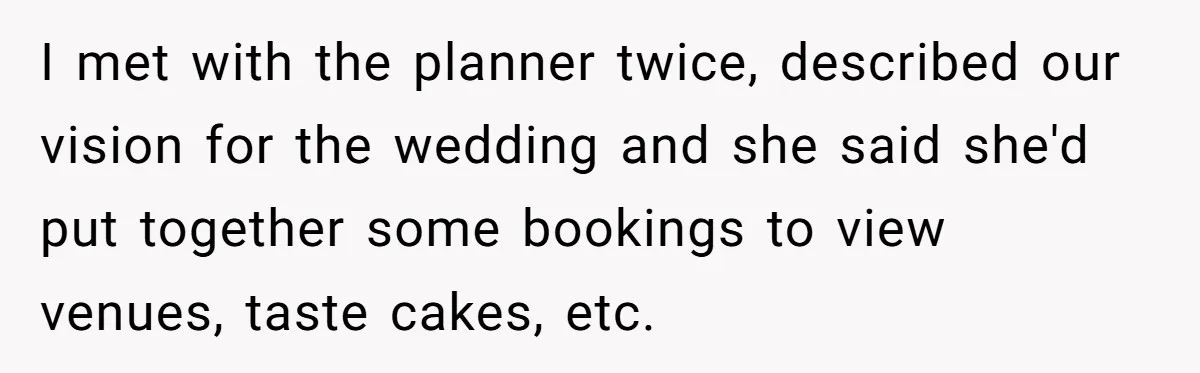 I met with the planner twice, described our vision for the wedding and she said she'd put together some bookings to view venues, taste cakes, etc.
