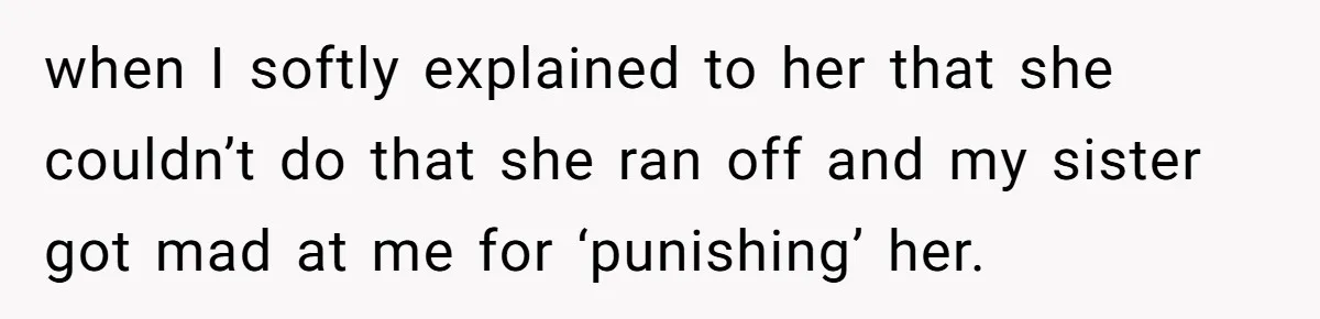 when I softly explained to her that she couldn’t do that she ran off and my sister got mad at me for ‘punishing’ her.