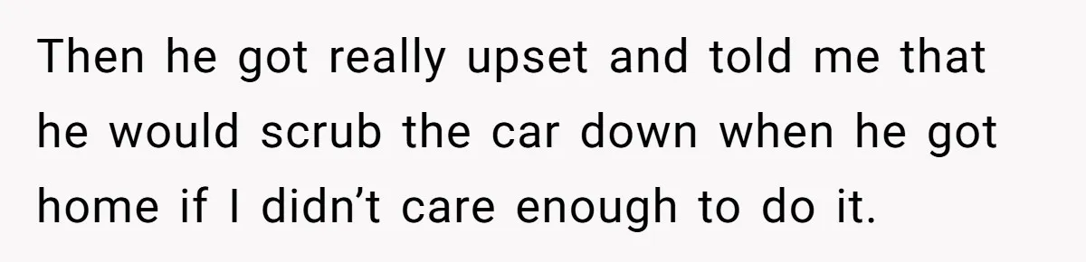 Then he got really upset and told me that he would scrub the car down when he got home if I didn’t care enough to do it.