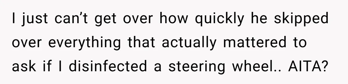 I just can’t get over how quickly he skipped over everything that actually mattered to ask if I disinfected a steering wheel.. AITA?