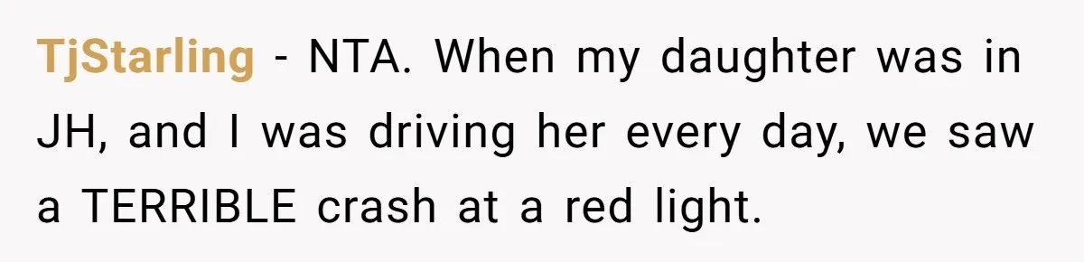 TjStarling − NTA. When my daughter was in JH, and I was driving her every day, we saw a TERRIBLE crash at a red light.