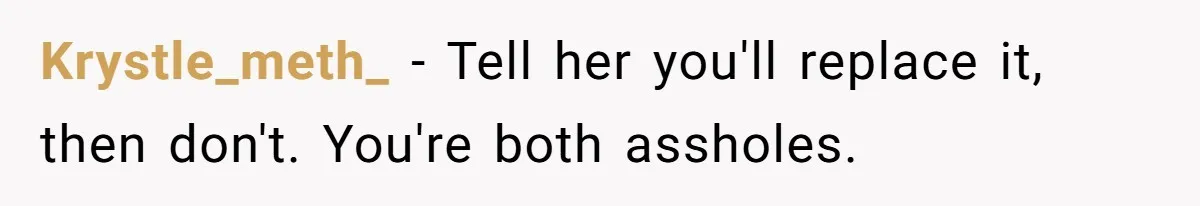 Krystle_meth_ − Tell her you'll replace it, then don't. You're both assholes.