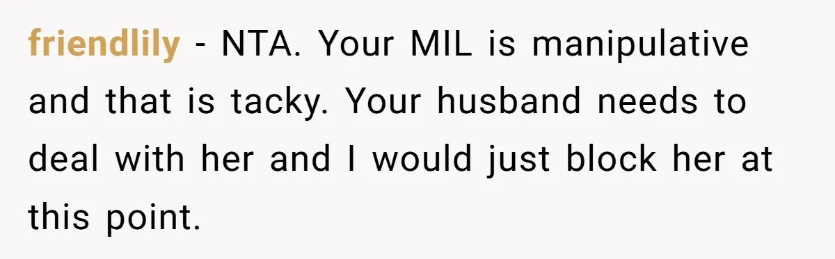 friendlily − NTA. Your MIL is manipulative and that is tacky. Your husband needs to deal with her and I would just block her at this point.