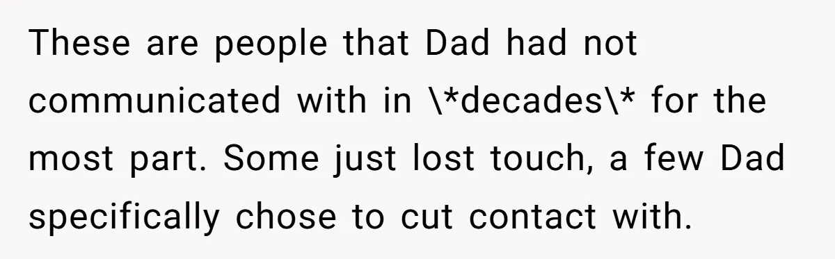 These are people that Dad had not communicated with in \*decades\* for the most part. Some just lost touch, a few Dad specifically chose to cut contact with.