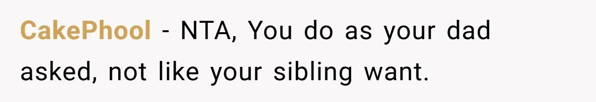 CakePhool − NTA, You do as your dad asked, not like your sibling want.