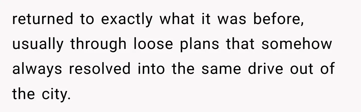 returned to exactly what it was before, usually through loose plans that somehow always resolved into the same drive out of the city.