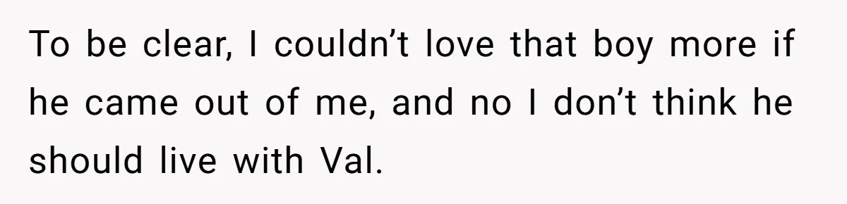 To be clear, I couldn’t love that boy more if he came out of me, and no I don’t think he should live with Val.