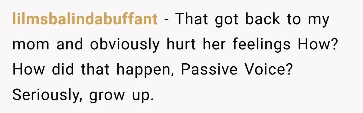 lilmsbalindabuffant − That got back to my mom and obviously hurt her feelings How? How did that happen, Passive Voice? Seriously, grow up.