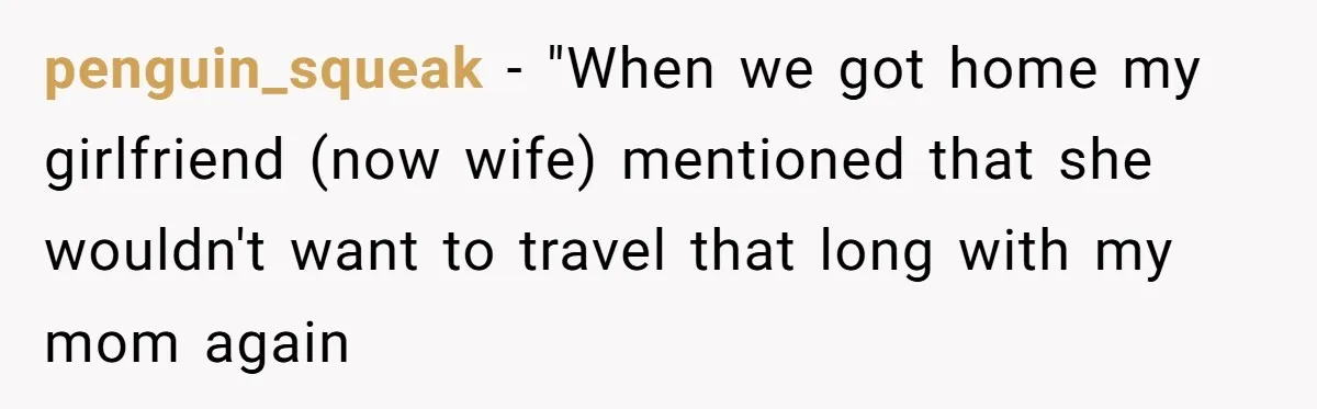 penguin_squeak − "When we got home my girlfriend (now wife) mentioned that she wouldn't want to travel that long with my mom again