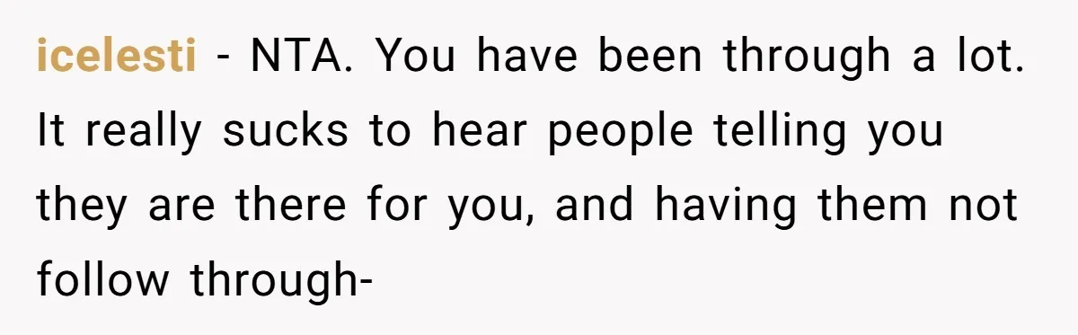icelesti − NTA. You have been through a lot. It really sucks to hear people telling you they are there for you, and having them not follow through-